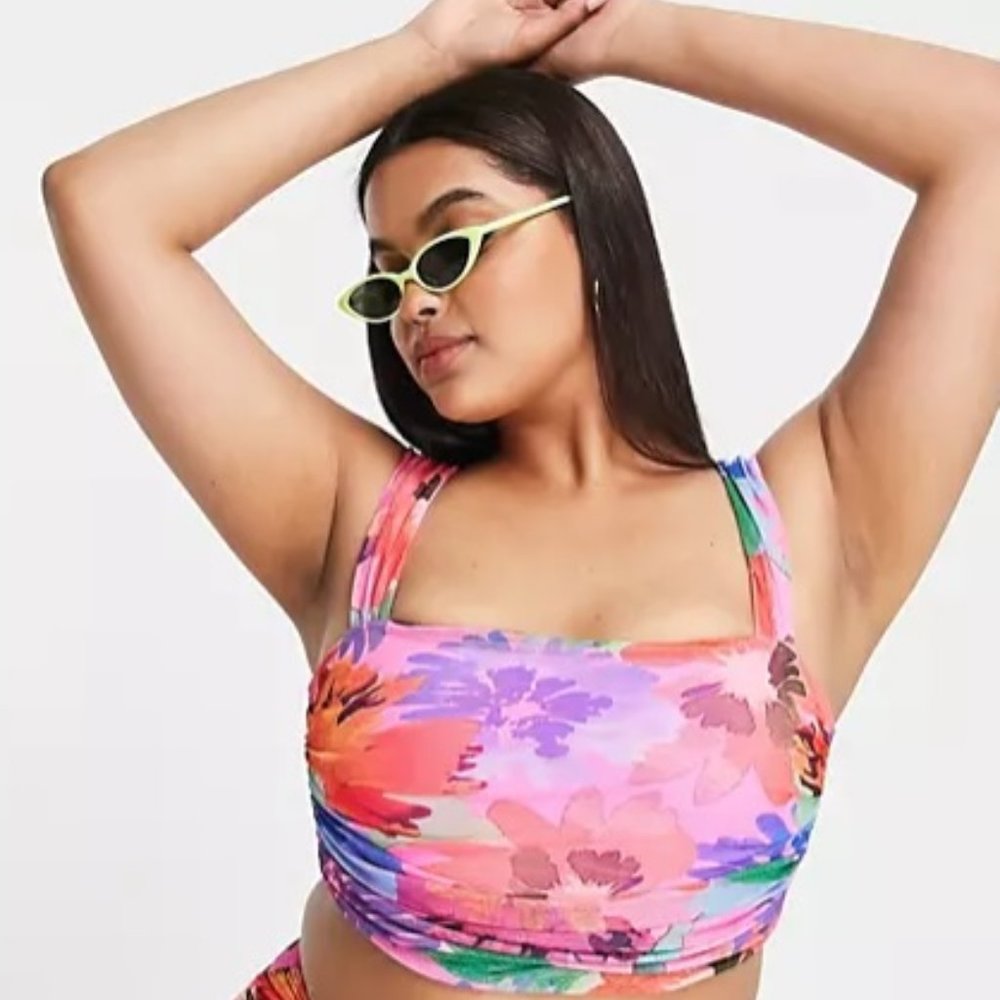 ASOS DESIGN Curve mesh crop bikini top in abstract floral print